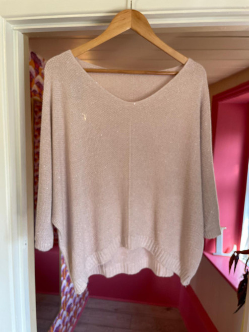 Glitz V-Neck Short Sleeve Acrylic Jumper ~ Baby Pink