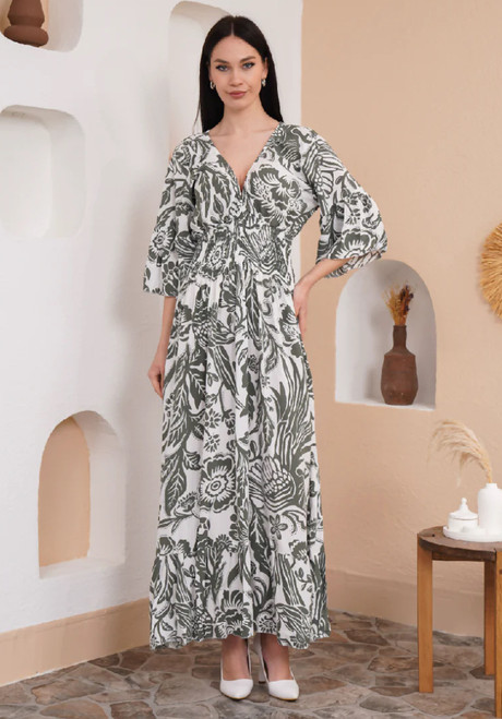 Oversized V Neck Detailed Floral Print Maxi Dress ~ Khaki Oversized V Neck Detailed Floral Print Maxi Dress ~ Khaki