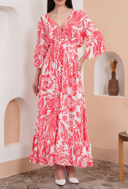 Oversized V Neck Detailed Floral Print Maxi Dress ~ Coral Oversized V Neck Detailed Floral Print Maxi Dress ~ Coral