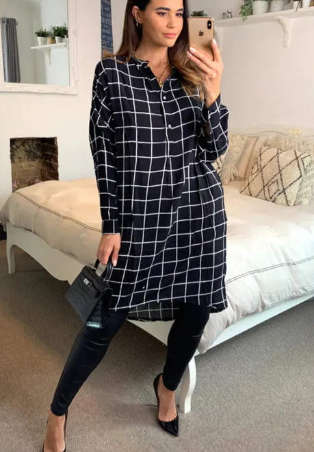 Check Print Shirt Dress ~ Black & White Check Print Shirt Dress ~ Black & White