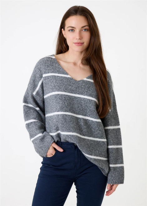Thin Stripe V-Neck Jumper ~ Mid Grey Thin Stripe V-Neck Jumper ~ Mid Grey