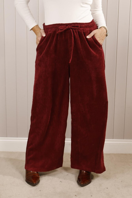 Corduroy Wide Leg Tie Trousers ~ Bordeaux