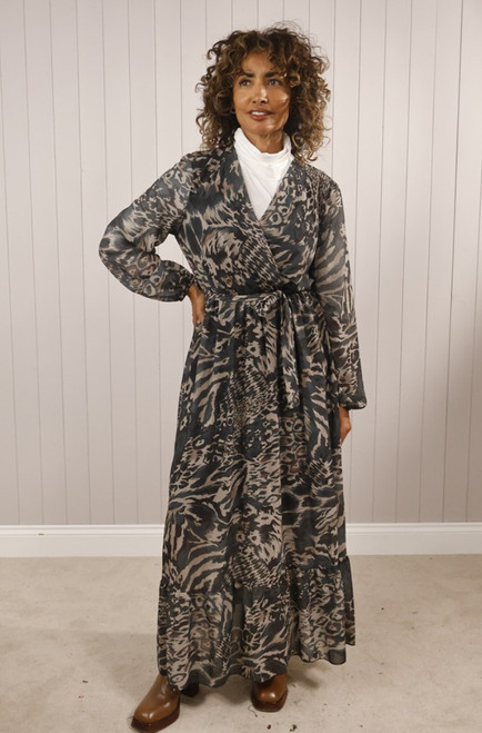 Animal Print V-Neck Tie Dress ~ Charcoal