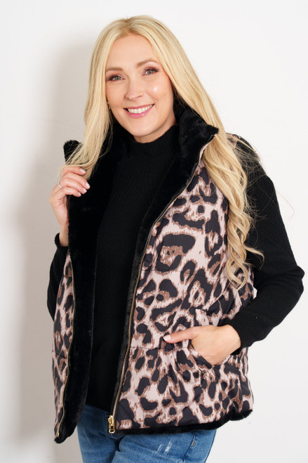 Miss Shorthair Tamsin Faux Fur Lined Gilet ~ Natural Leopard Miss Shorthair Tamsin Faux Fur Lined Gilet ~ Natural Leopard