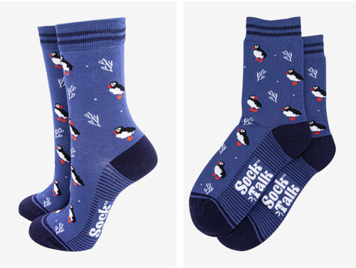 Woman’s Bamboo Socks ~ Denim Blue/Navy Blue, Puffins and Coral