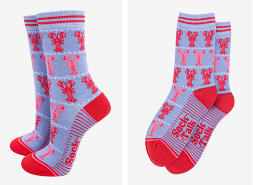 Woman’s Bamboo Socks ~ Light Blue/Red Lobsters