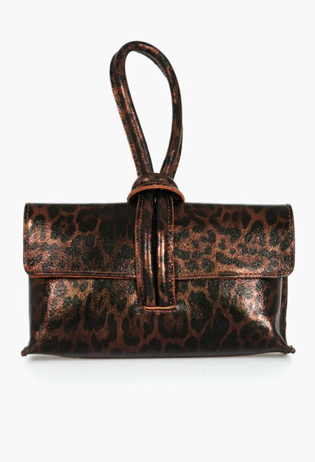 Trixie Metalic Italian Leather Clutch Bag ~ Bronze Leopard