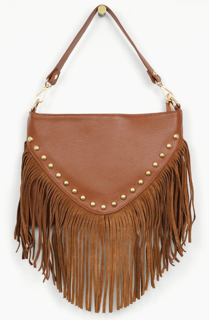 Arizona Italian Leather Crossbody Bag with Suede Fringes - Tan