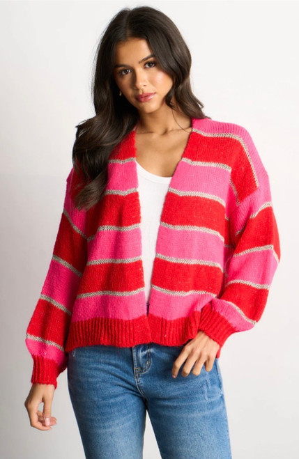 Glitter Striped Italian Wool Blend Cardigan ~ Red/Pink