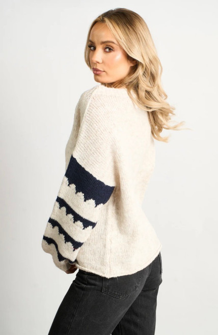 Striped Sleeve Italian Wool Blend Jumper ~ Cream/Navy