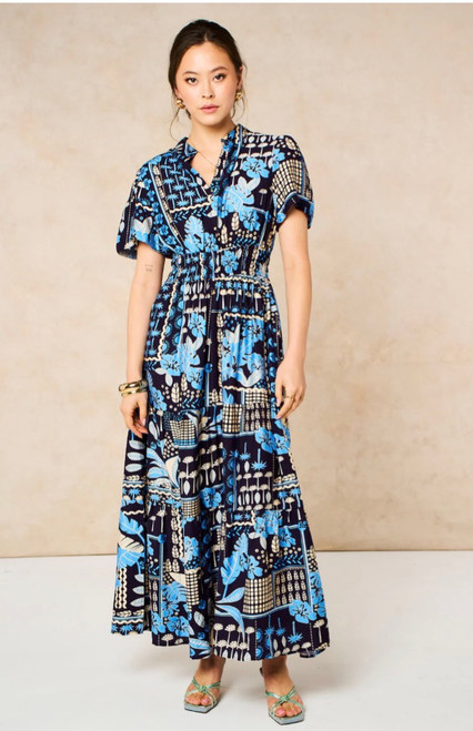 Roxy Tiered Dress ~ Navy Blue, Tile Print