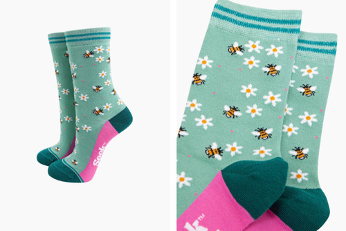 Bamboo Socks ~ Bee and Floral Posey Mint Green