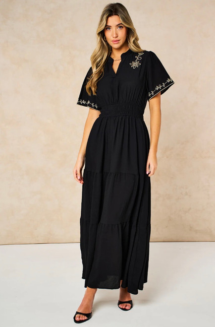 Roxy Tiered Dress ~ Black, Embroidered Detail