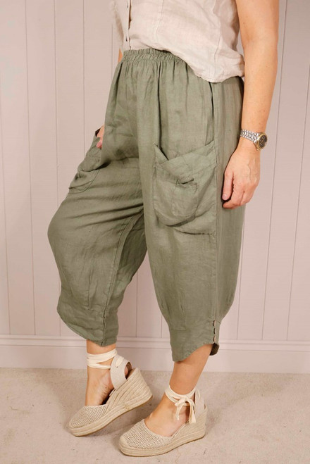 Linen Button Detail Trousers ~ Khaki