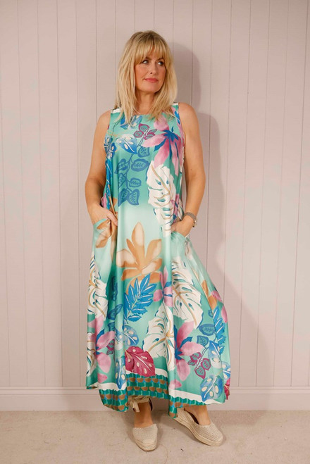 Floral Silk Scoop Dress ~ Aqua
