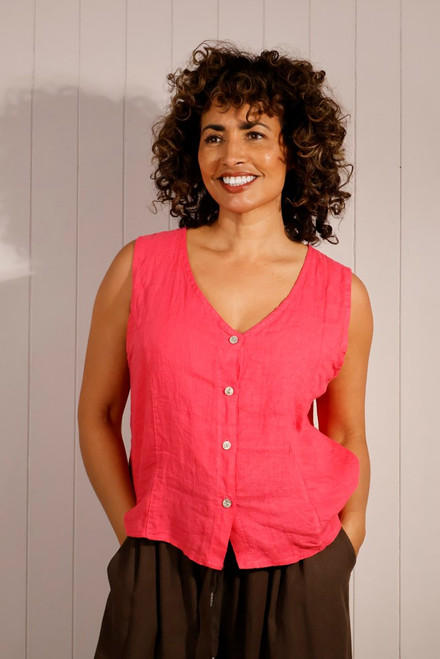 Linen Button Waistcoat ~ Strawberry