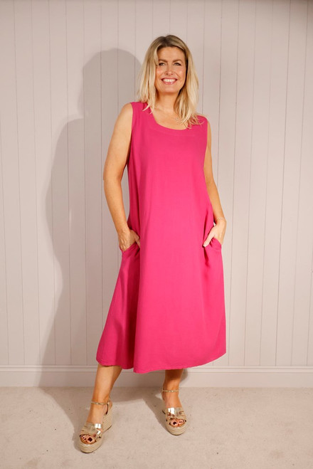 Linen Mix Square Neck Sleeveless Dress ~ Fuchsia