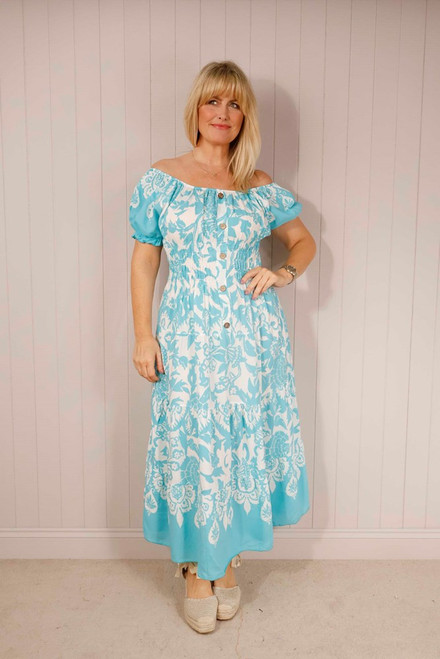 Mono Puff Sleeved Shirred Max Dress ~ Aqua