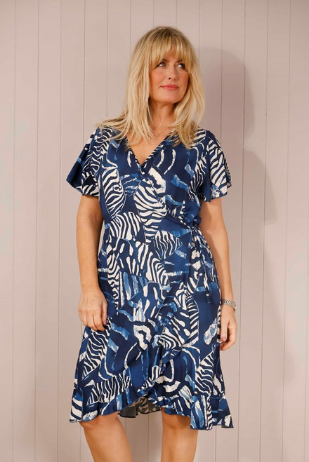 Tropical Leaf Print Wrap Dress ~ Navy