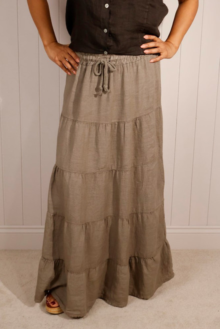 Linen Tiered Tie Waist Skirt ~ Mocha