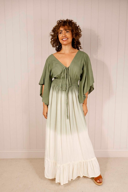 Tie Dye Flute Sleeve Maxi Dress ~ Khaki