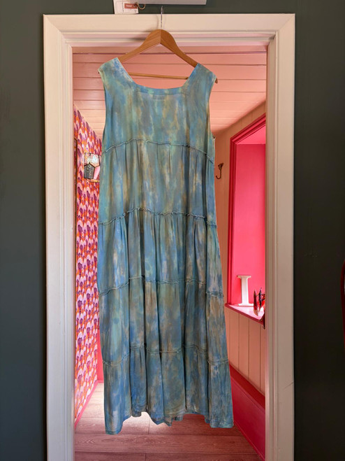 Washed Dye Milk Maid Tiered Dress ~ Blue