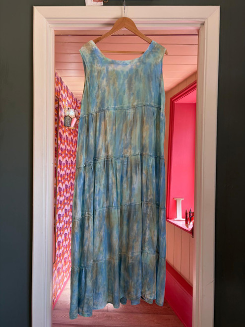 Washed Dye Milk Maid Tiered Dress ~ Blue