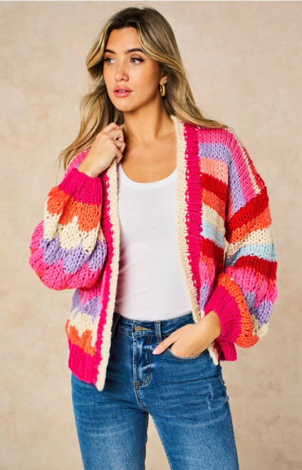 Miss Shorthair Hand Knitted Rainbow Striped Cardigan ~ Red/Pink