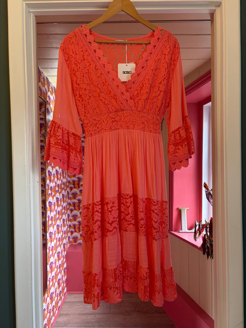 Lace Panelled Dress ~ Coral