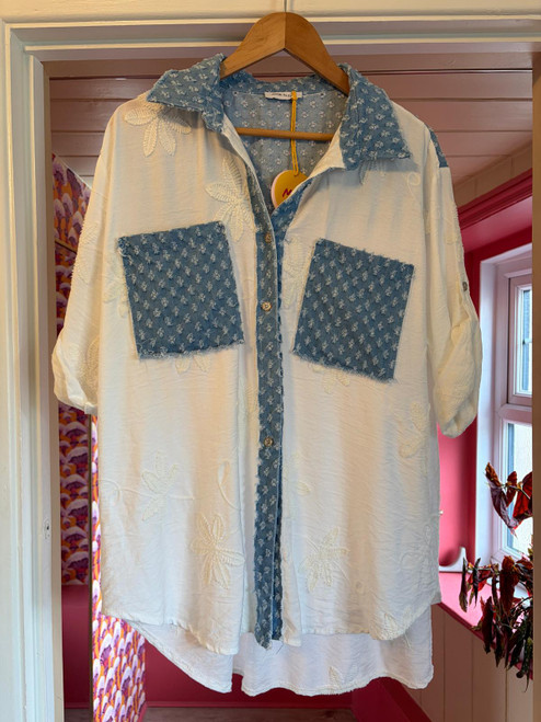 Embossed Floral Denim Diamond Button Shirt