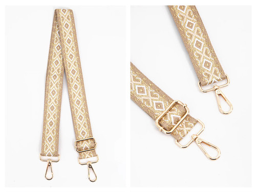 Miss Shorthair Barbara Wide Woven Bag Strap ~ Gold Metallic Geometric Print