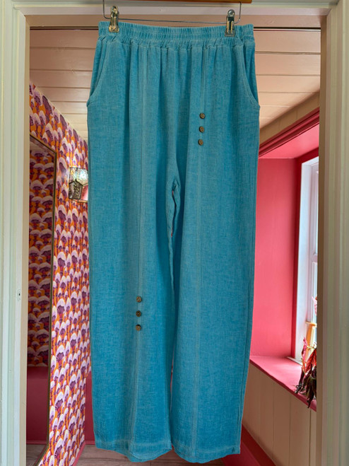 Washed Linen Six Button Trousers ~ Turquoise