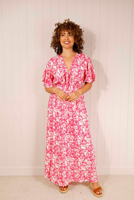 Flower Bow Elasticated Waist Dress ~ Fuchsia