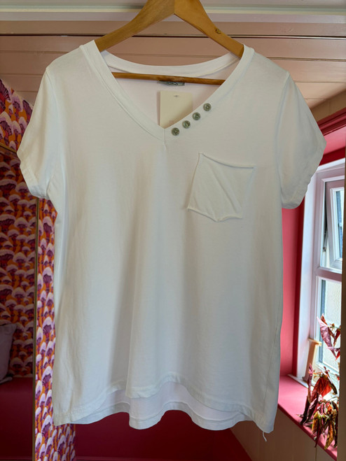 V Neck Button T-Shirt ~ White