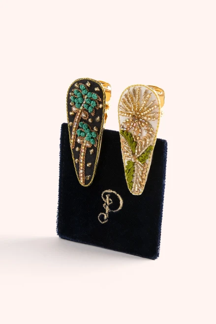Midnight Trees/Champagne Flower, Pk 2 Hair Clips