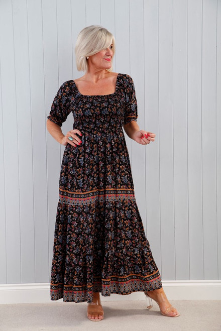 Floral Petal Shirred Maxi Dress ~ Black