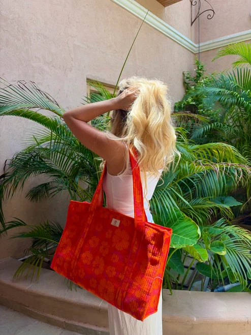 The Islander ~ Orange & Pink Hibiscus Large Zipped Tote