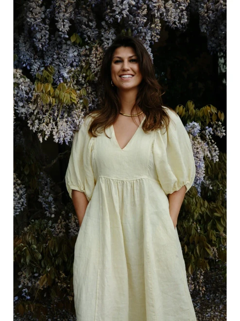 Livie Puff Sleeve Linen Dress ~ Yellow