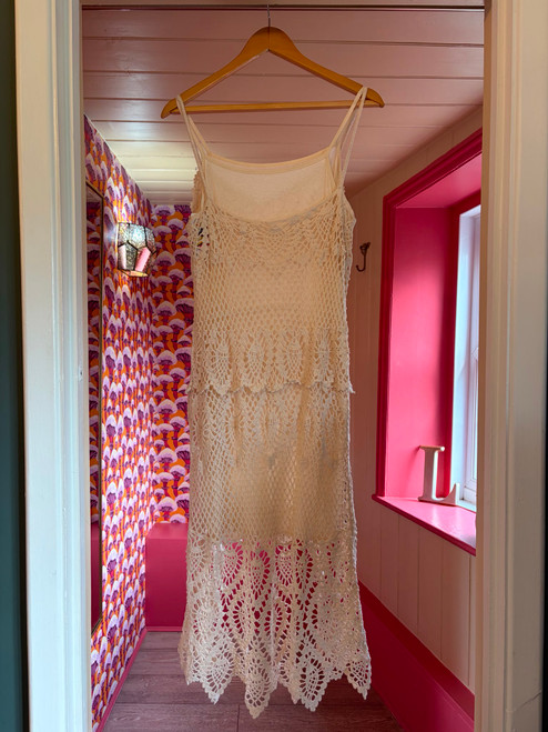 Crochet High Low Dress With Underslip ~  Beige