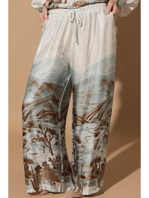 Silk Trousers Cactus print ~ Ice Blue