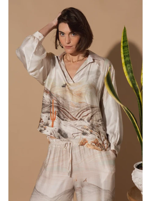 Silk Blouse Cactus print ~ Peach Blush