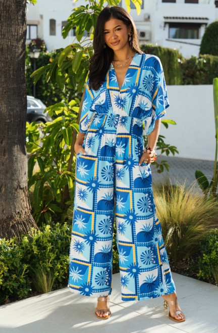 Sun Checkerboard V Neck Jumpsuit ~ Blue
