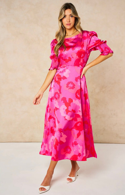 Floral Midi Tea dress ~ Hot Pink MEDIUM ONLY