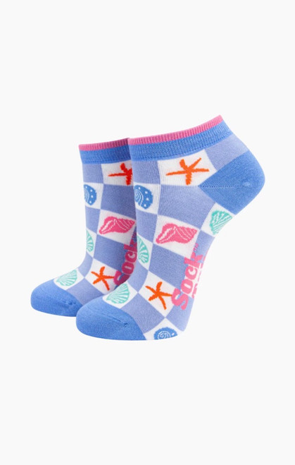 Seashell Checkerboard Bamboo Trainer Socks Blue