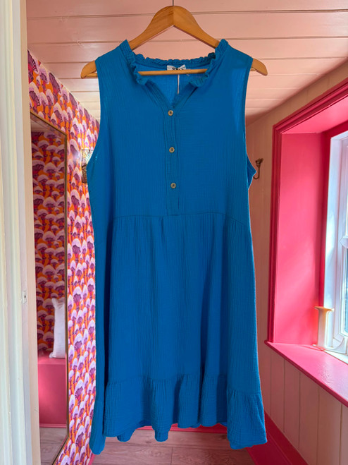 Three Button Cheesecloth Cotton Dress ~ Blue