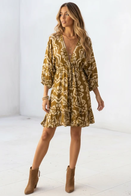 Olive Ikat Boho Mini Dress