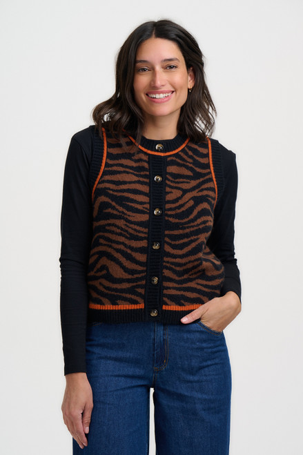 Natalie Knitted Waistcoat Brown/Black Tiger Print