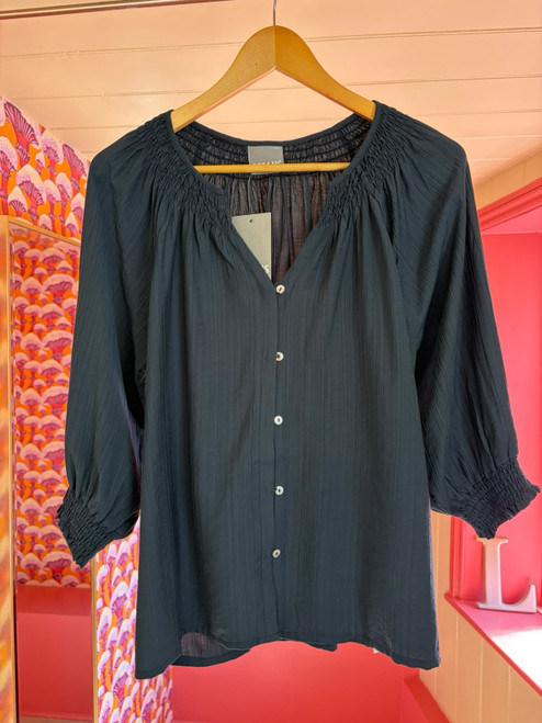 Textured Stripe Shirred Neck Button Through Blouse ~ Navy