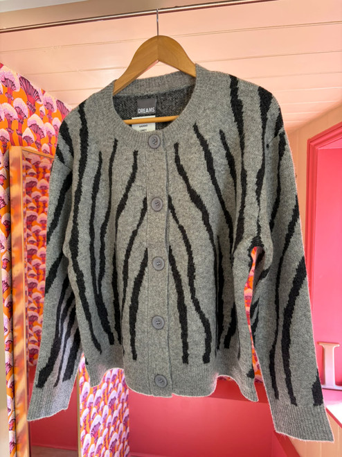 Zebra Jacquard Crew Neck Cardigan ~ Grey