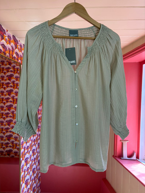 Textured Stripe Shirred Neck Button Through Blouse ~ Stone
